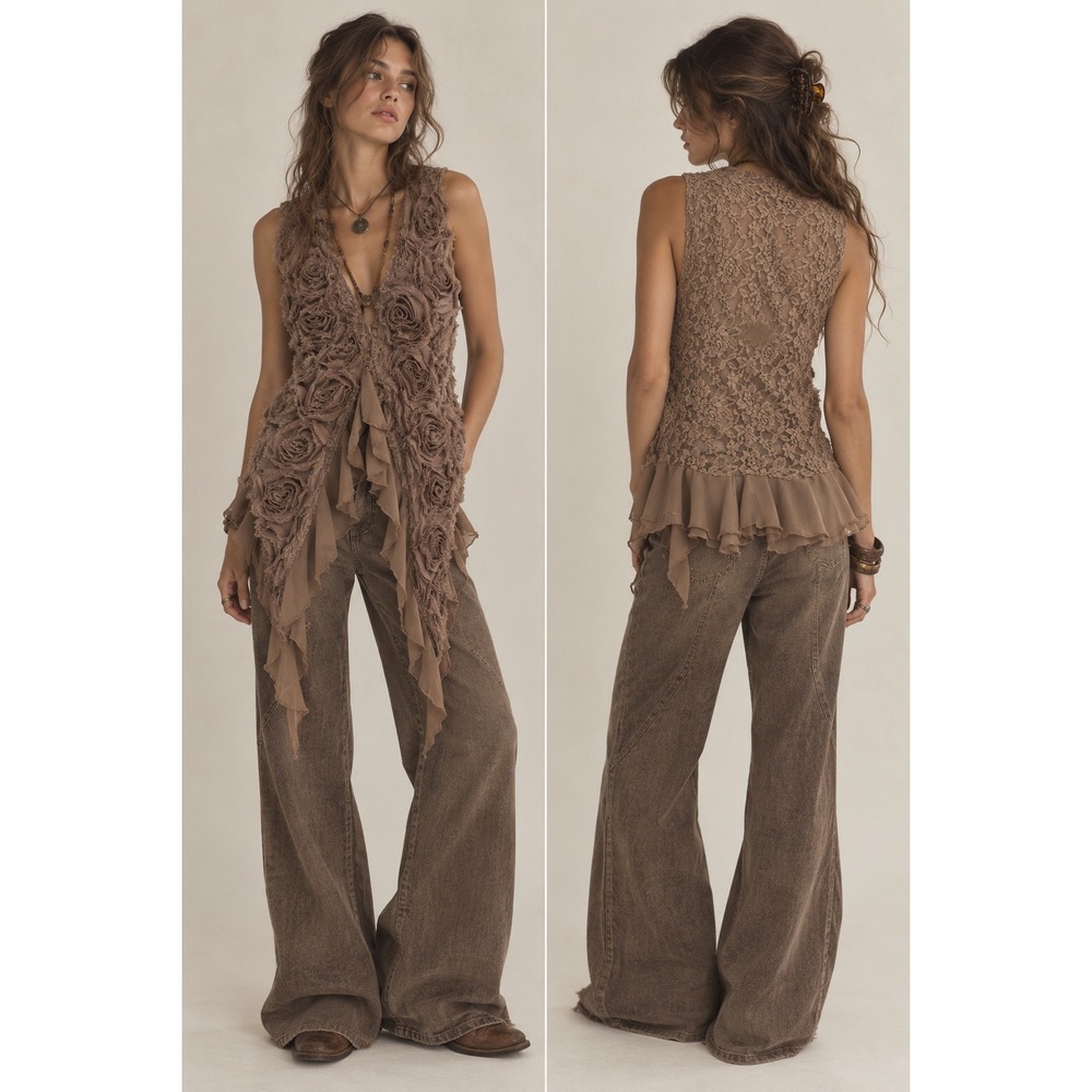 Pretty Angel Silk Rosette Lace Vest Women L Brown Ruffle Hem Boho Fairy Earthy